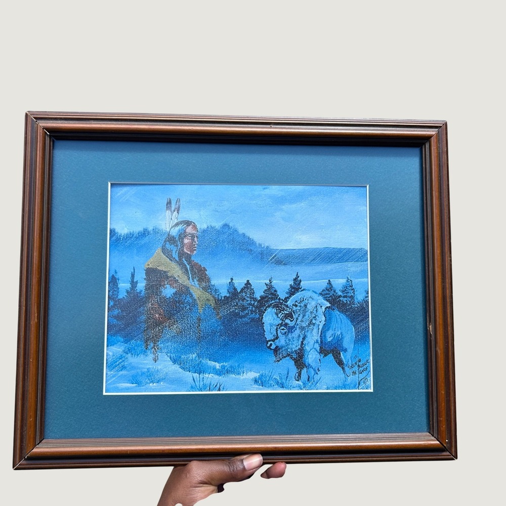 VTG Lorenzo Black Lance Lakota Art White Buffalo People Framed Matted Print Art